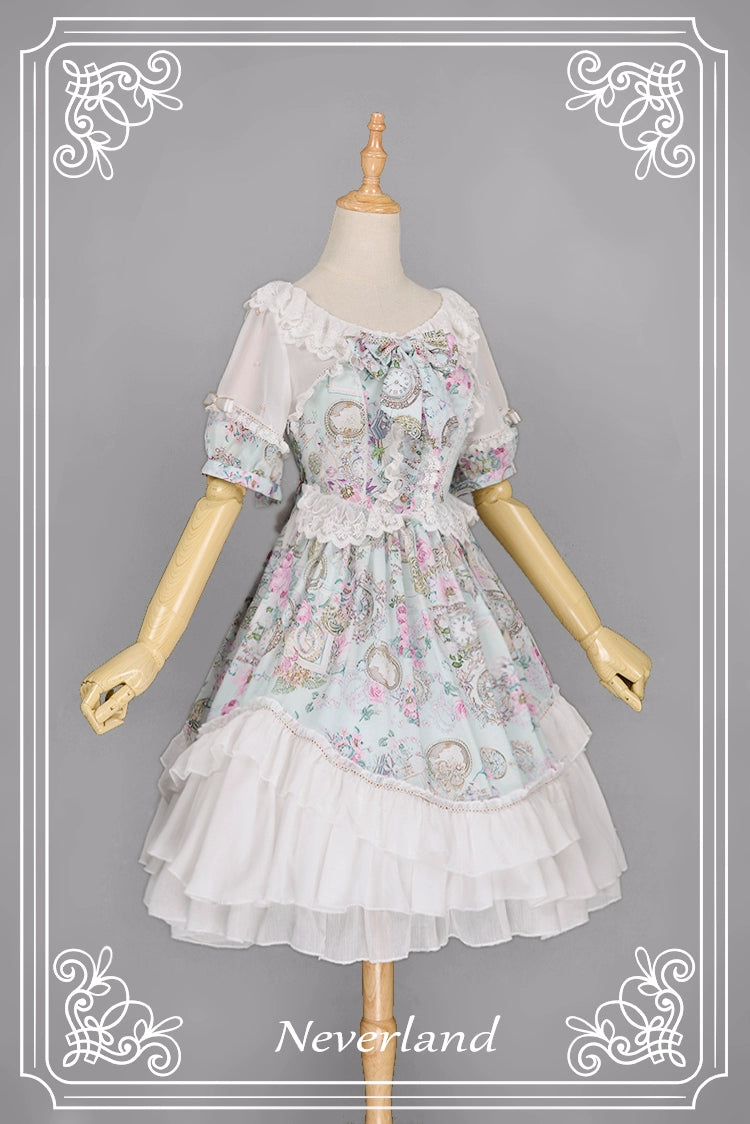 GalaxyCat~Antique Clock~Sweet Lolita OP Dress Lace Spliced Chiffon Dress S sky blue 