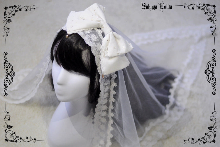 Sakuya Lolita~Whisper of Stars~Vintage Lolita Headdress Large Bow KC white head veil  