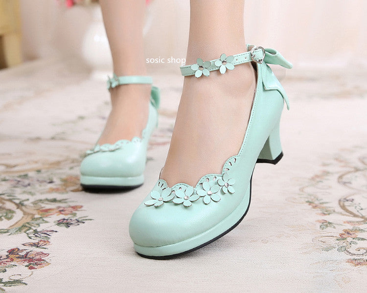 Sosic - Peony Petal - Original Petal Bow High Thick Sweet Lolita Small Leather Shoes light green 33