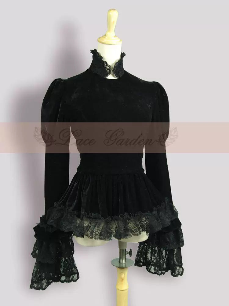 (BFM)Lace Garden~Black Lolita Coat Velvet Winter Lolita Short Jacket Shirt   