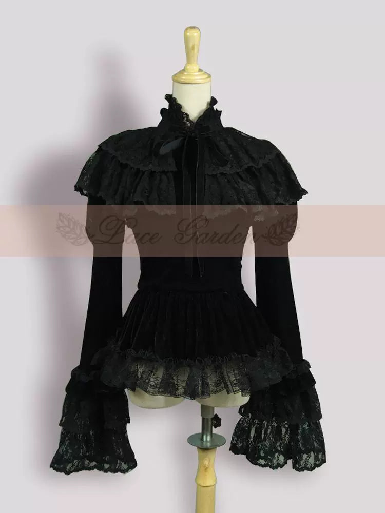 Lace Garden - Black Lolita Cape Velvet Winter Lolita Short Shirt Black S
