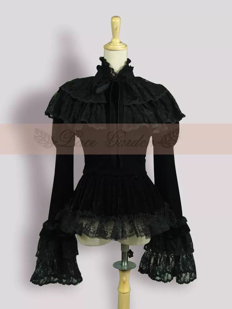 (BFM)Lace Garden~Black Lolita Coat Velvet Winter Lolita Short Jacket Black S 