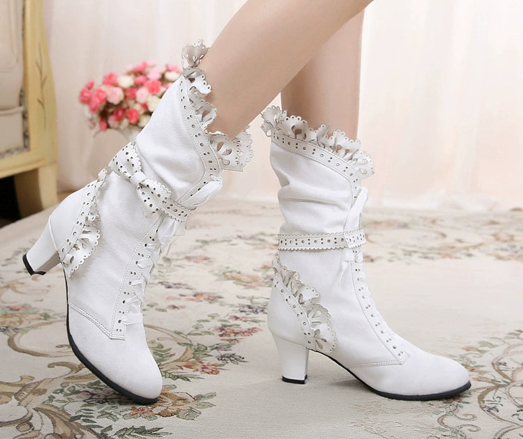 Sosic - Meteorite's Wound - Winter Gothic Lolita Boots Dark Velvet Mid-Calf Heels White (single lining for Spring) 35