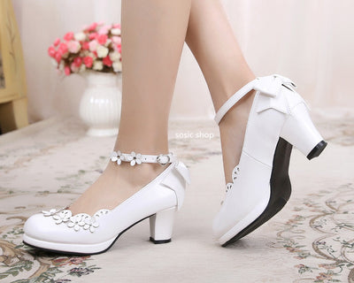 Sosic~Peony Petal~Original Petal Bow High Thick Sweet Lolita Small Leather Shoes White 33 