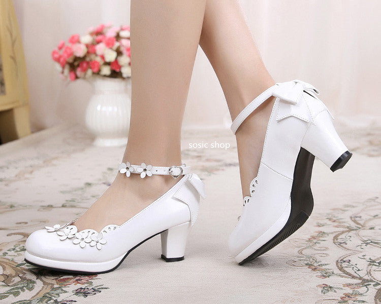 Sosic - Peony Petal - Original Petal Bow High Thick Sweet Lolita Small Leather Shoes