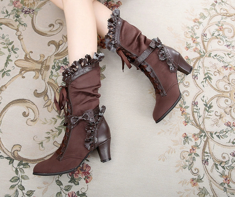 Sosic~Meteorite's Wound~Winter Gothic Lolita Boots Dark Velvet Mid-Calf Heels