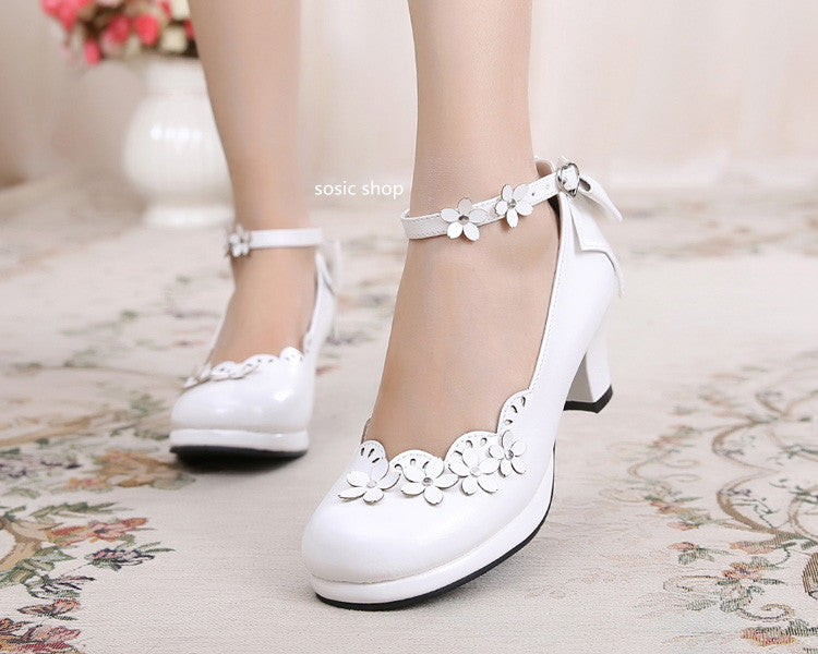 Sosic - Peony Petal - Original Petal Bow High Thick Sweet Lolita Small Leather Shoes White 33