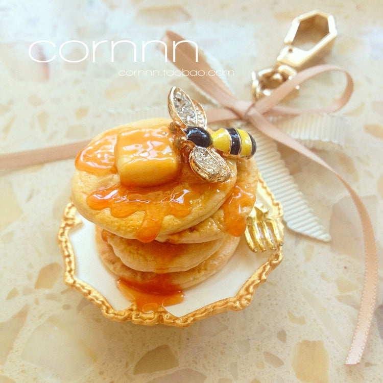 Cornnn~Lolita Accessory Set Butter Honey Pancakes with Bee Necklace Brooch and Keychain Keychain  