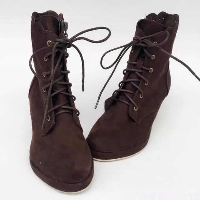 Antaina - Retro Lolita Shoes High Heel Suede Shoes Petal Shaped Topline Customized coffee suede upper - back heel 4.5 front heel 1 33