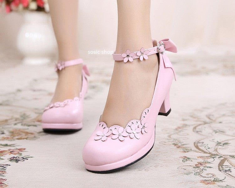 Sosic - Peony Petal - Original Petal Bow High Thick Sweet Lolita Small Leather Shoes pink 33
