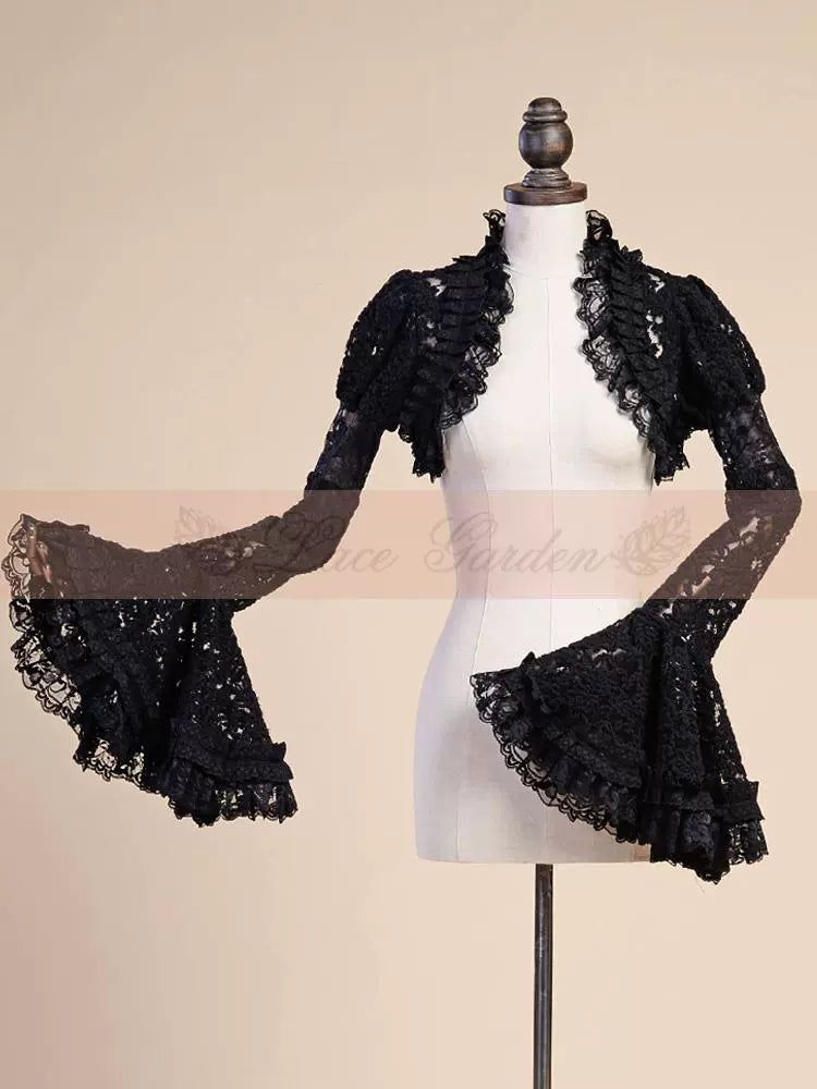 (BFM)Vintage Lolita Bolero French Court Embroidered Lace Top S Black 
