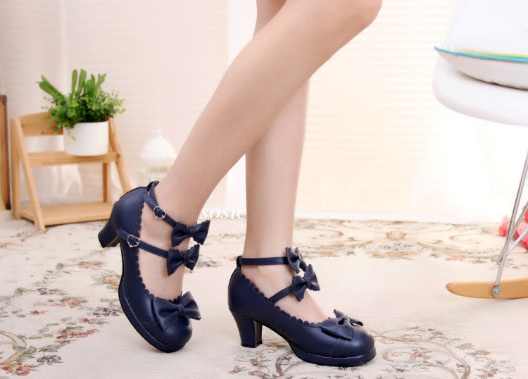 Sosic - Gott Melody - Round-head Bowtie Leather Lolita Shoes 33 navy blue