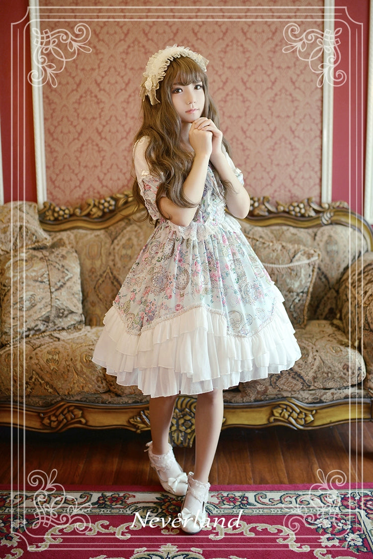 GalaxyCat~Antique Clock~Sweet Lolita OP Dress Lace Spliced Chiffon Dress   