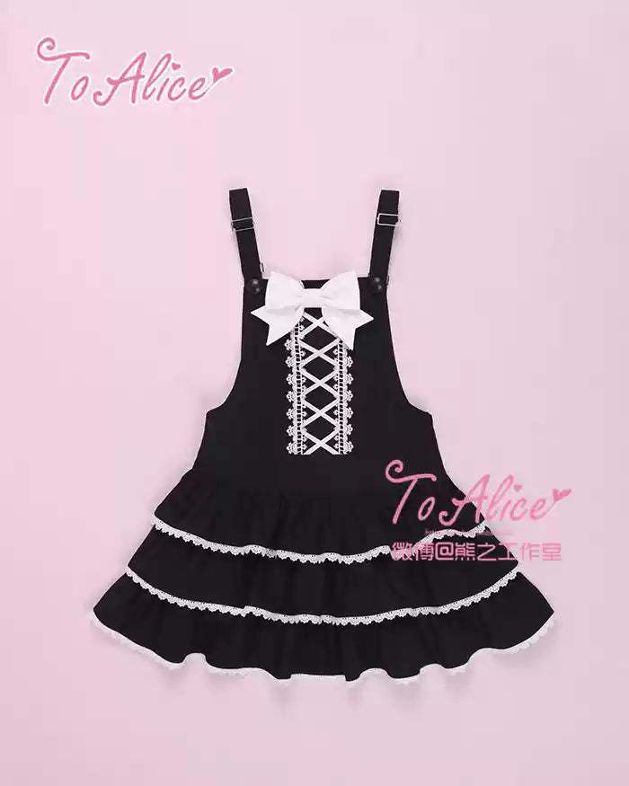 To Alice~Old School Lolita Salopette Suit Tiered Dress Black salopette with white bow S