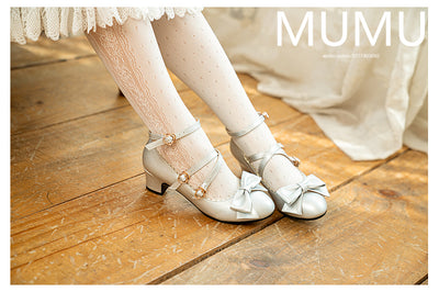 Mumu~Girls' Dinner~Sweet Lolita High-Heeled Bows Shoes Multicolors 33 silver 