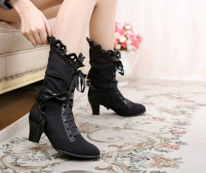 Sosic~Meteorite's Wound~Winter Gothic Lolita Boots Dark Velvet Mid-Calf Heels