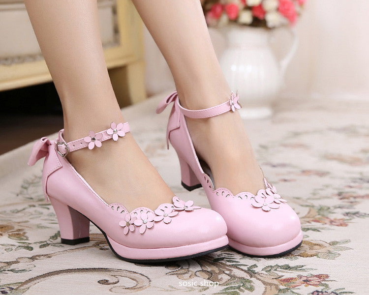 Sosic - Peony Petal - Original Petal Bow High Thick Sweet Lolita Small Leather Shoes