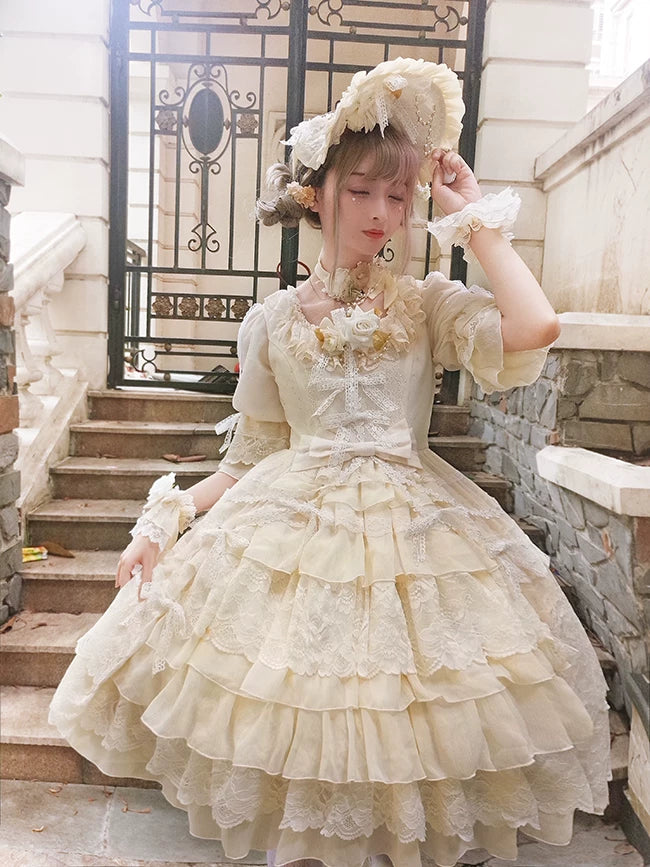 Dawn Wedding - Sweet Lolita OP Dress, Layered Hem Yellow - OP + 1 Waist Tie + 1 Waist Bow + 8 Hem Bows L
