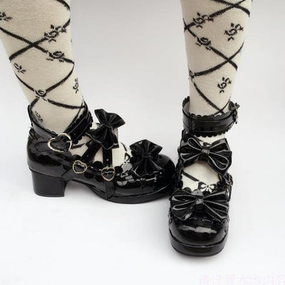 (Buyforme)Antaina~Lolita Punk Bow Mid-Heel Multicolor Shoes 36 shining black (heel back 4.5cm front 1cm) 