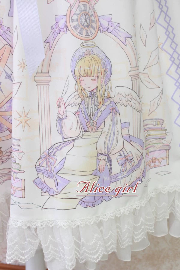 Alice Girl~Sweet Lolita OP Dress Angel Print Lace Ruffle Dress   