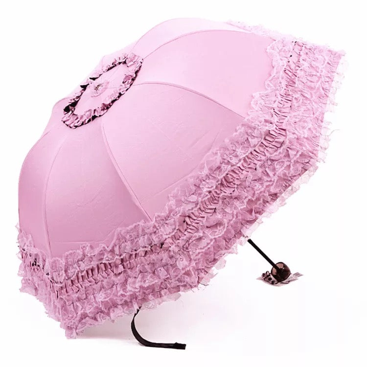 Qiteng - Daily Lolita Lace Princess Sunshade Parasol C version vinyl thickened pink