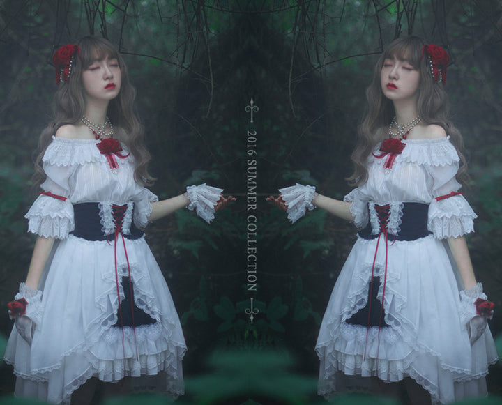 JS Lolita~Snow White in Forest Mist~Elegant Lolita Lace Split Type OP Set   