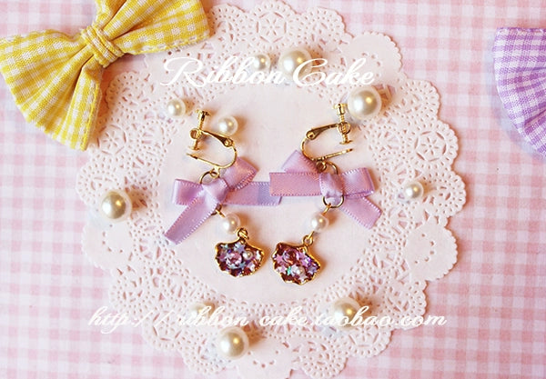 Ribbon Cake~Sweet Lolita Star Pearl Shell Earrings a pair of pink-purple earrings  