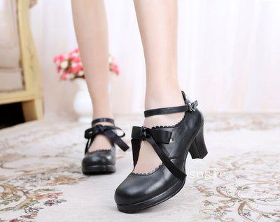 Sosic~Qing Mengnuo~Elegant Lolita Satin  High Heel Handmade Shoes black color 33 