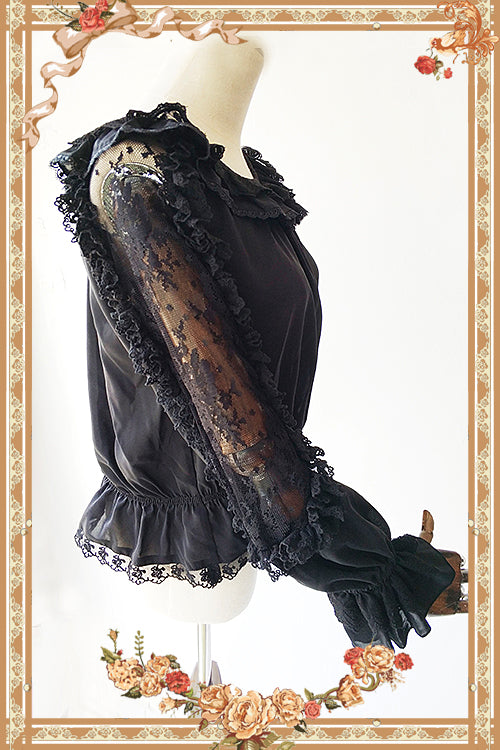 Infanta~Jenny Cookies~Classic Lolita Chiffon Blouse with Hollow-out Lace Shoulder Black Free size (fits bust within 120 cm / 47.2 inches)