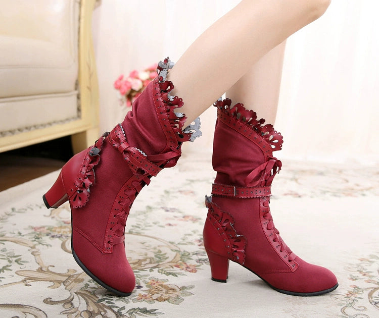 Sosic~Meteorite's Wound~Winter Gothic Lolita Boots Dark Velvet Mid-Calf Heels Wine red (please note single lining or fleece lining) 34