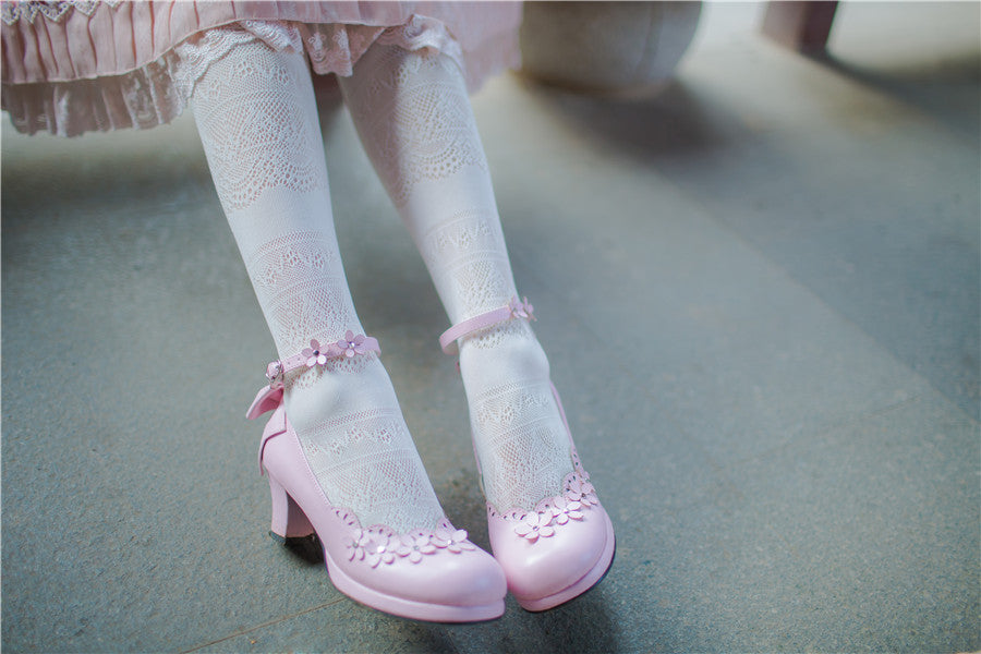 Sosic - Peony Petal - Original Petal Bow High Thick Sweet Lolita Small Leather Shoes