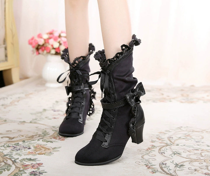 Sosic~Meteorite's Wound~Winter Gothic Lolita Boots Dark Velvet Mid-Calf Heels