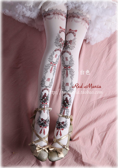 Red Maria~Rose Print 120D Velvet Lolita Tights free size white 