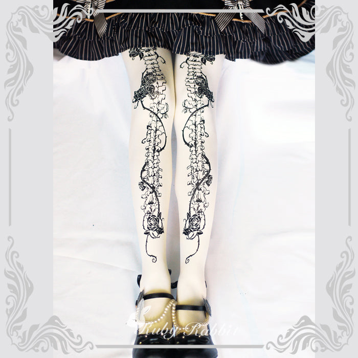 Ruby Rabbit - Gothic Lolita Bone and Rose Print Pantyhose L Beige