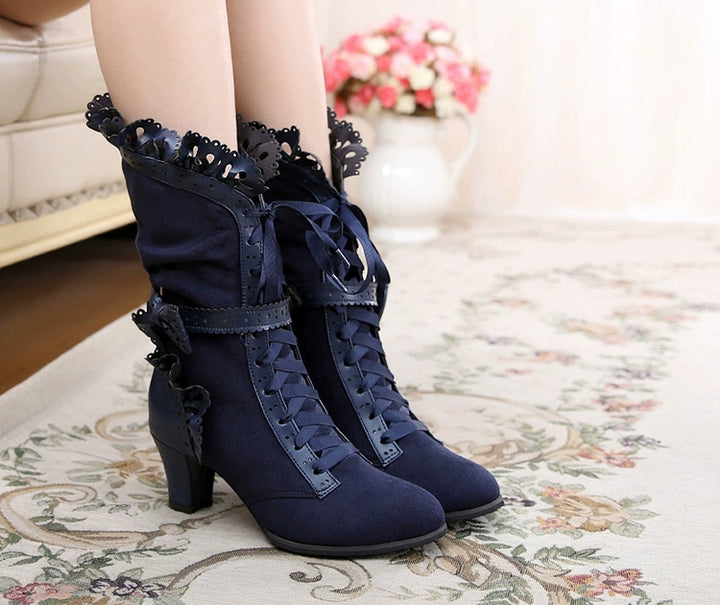 Sosic~Meteorite's Wound~Winter Gothic Lolita Boots Dark Velvet Mid-Calf Heels