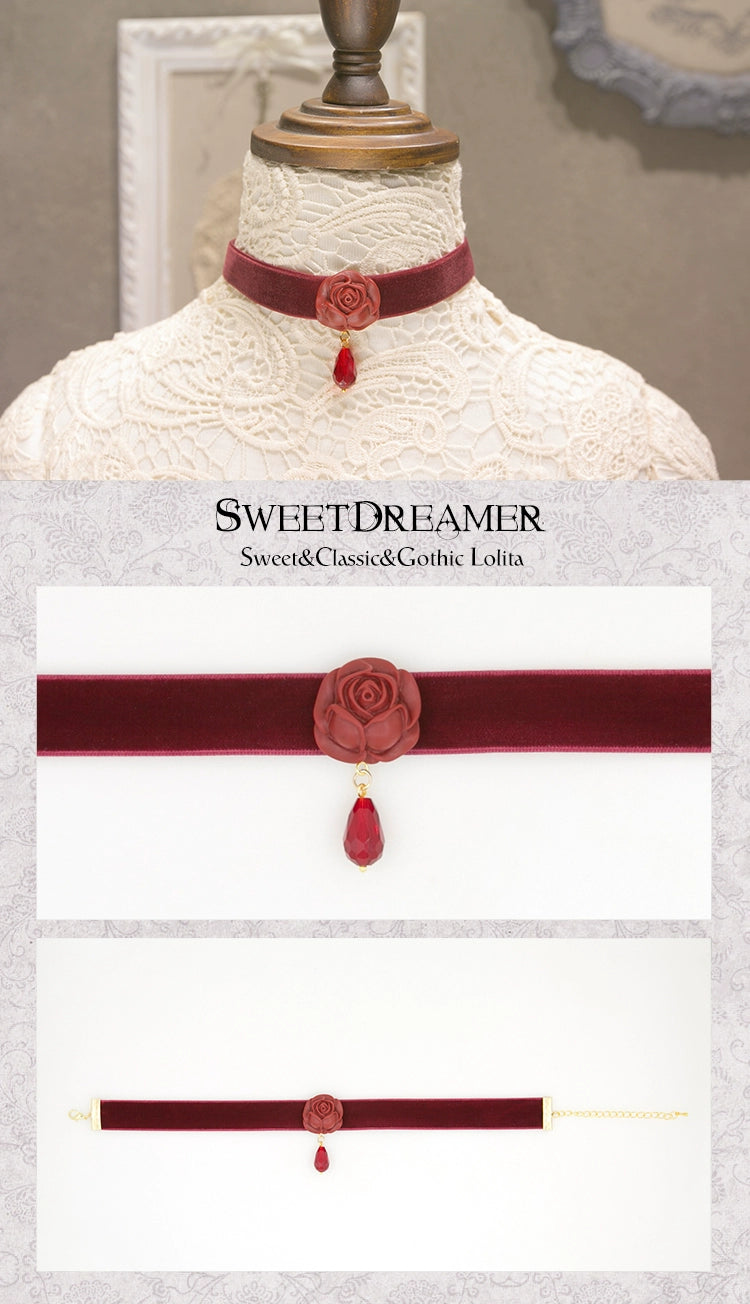 SweetDreamer~Little Prince Rose~Elegant Lolita Choker Velvet Rose Necklace Dark red velvet choker  