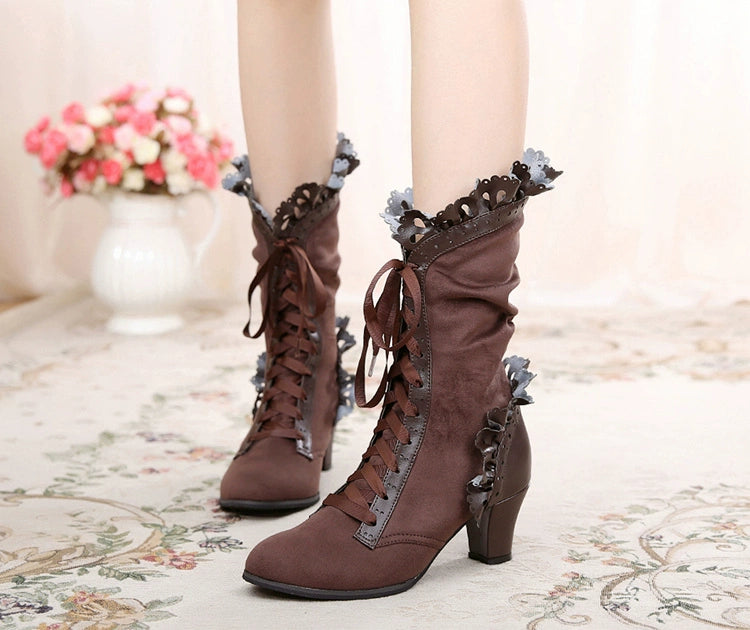 Sosic~Meteorite's Wound~Winter Gothic Lolita Boots Dark Velvet Mid-Calf Heels