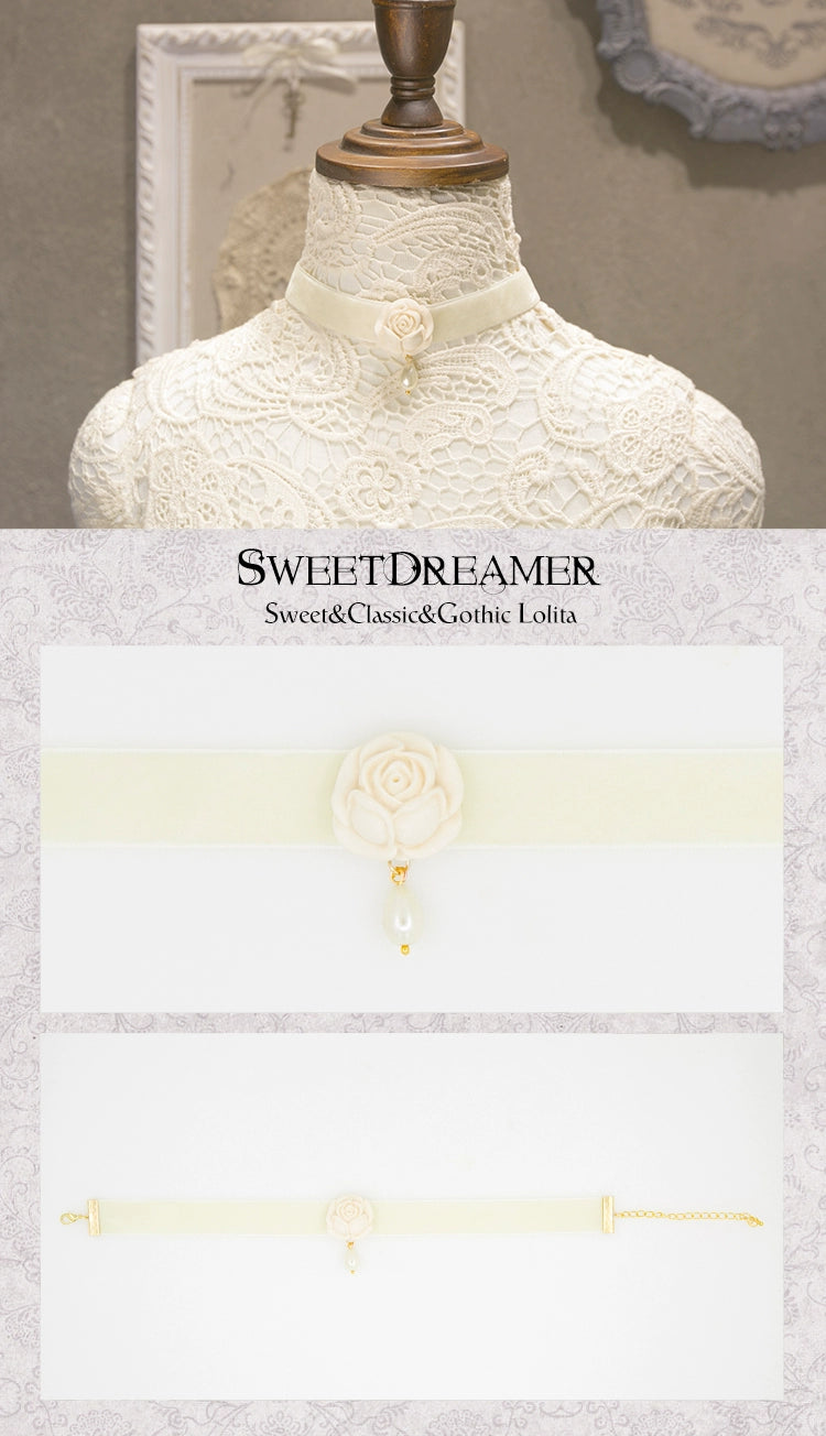 SweetDreamer~Little Prince Rose~Elegant Lolita Choker Velvet Rose Necklace Ivory/light yellow velvet choker  