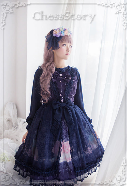 Chess Story~Peach blossom And Snow~Sweet Lolita Bow Overskirt Multicolor   