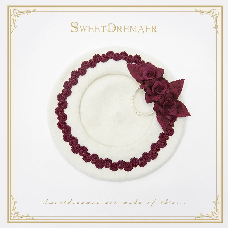 SweetDreamer~Vintage Lolita Beret Woolen Beret for Autumn/Winter Wear Adjustable Ivory White Hat - Wine Red Flower 