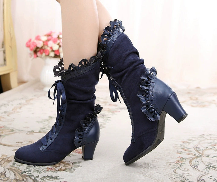 Sosic~Meteorite's Wound~Winter Gothic Lolita Boots Dark Velvet Mid-Calf Heels 40804:676164