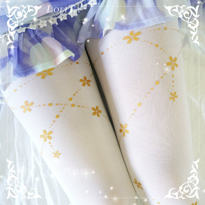 Wulala Mew~Kawaii Lolita Pantyhose Cute Print Lolita Stockings Free size White - cherry chain print 
