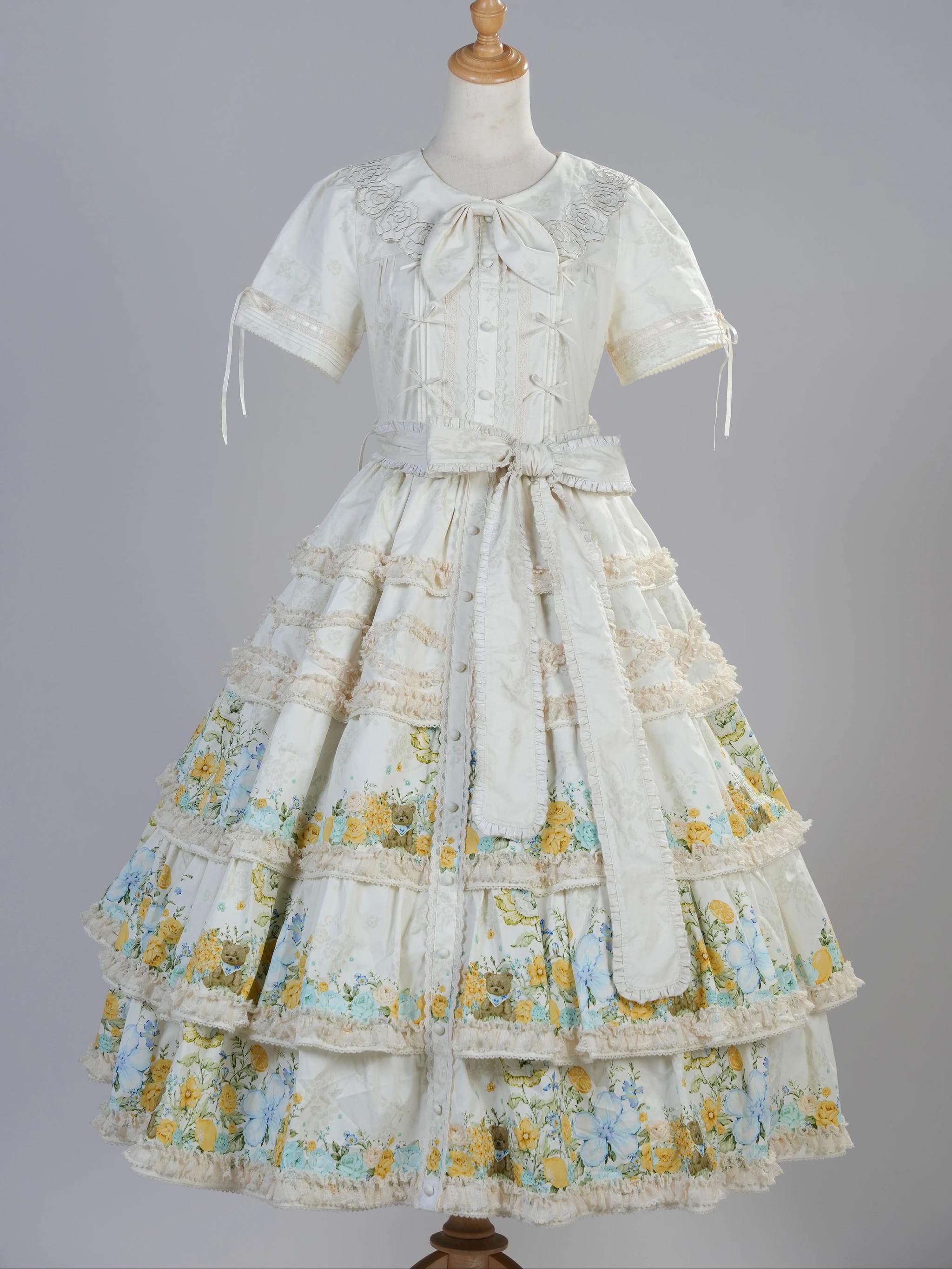 Flower Rabbit Bear - Country Lolita Tiered Skirt Dress, Floral & Bear Print Short Sleeve OP Only S