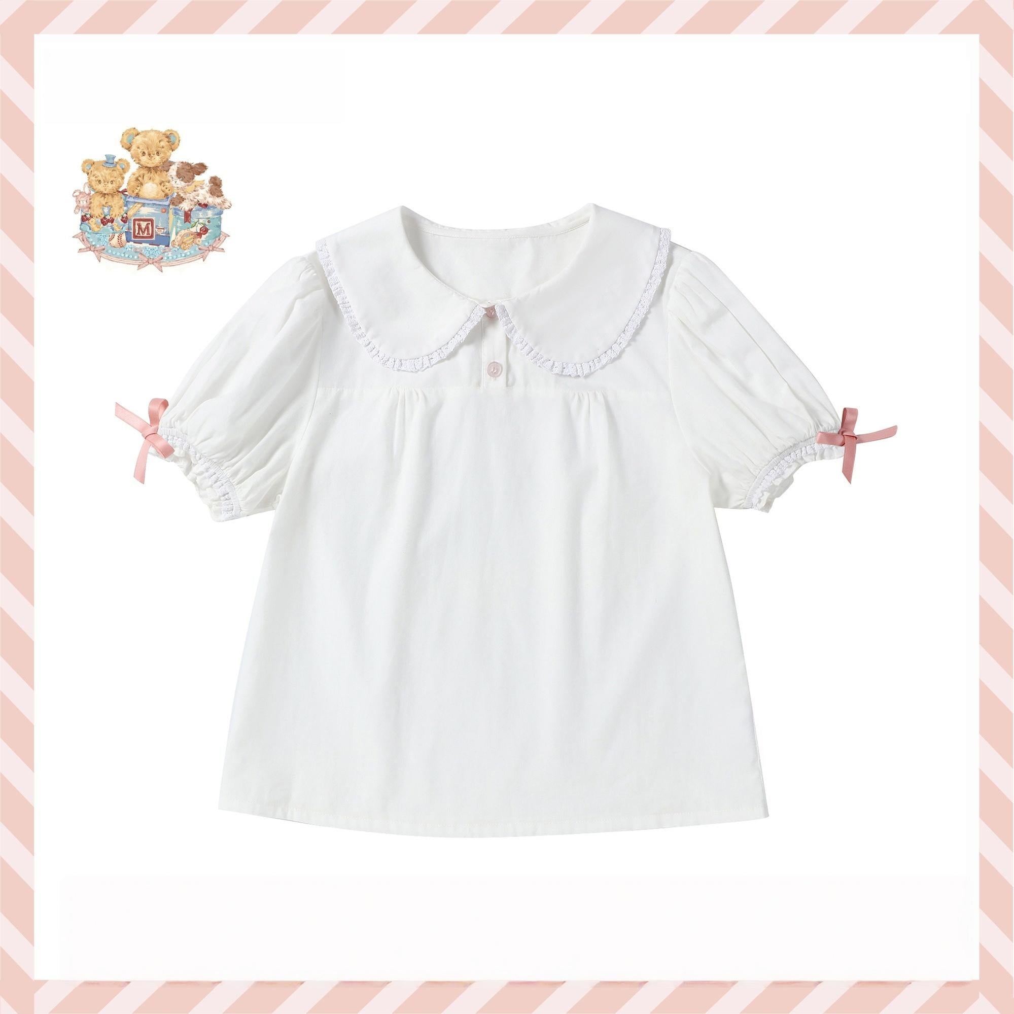 Walnut Museum- Toy Anniversary - Cotton Sweet Lolita Blouse, Bow Accents White Blouse Only S