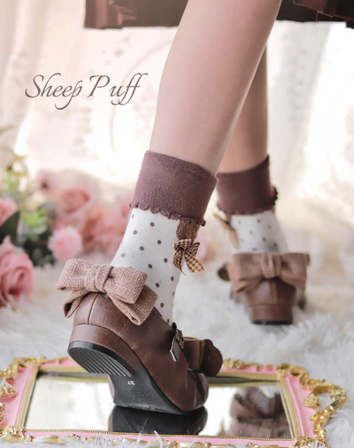 Sheep Puff~Bear Room~Sweet Lolita Shoes Double Bow Round Toe Flat Shoes   