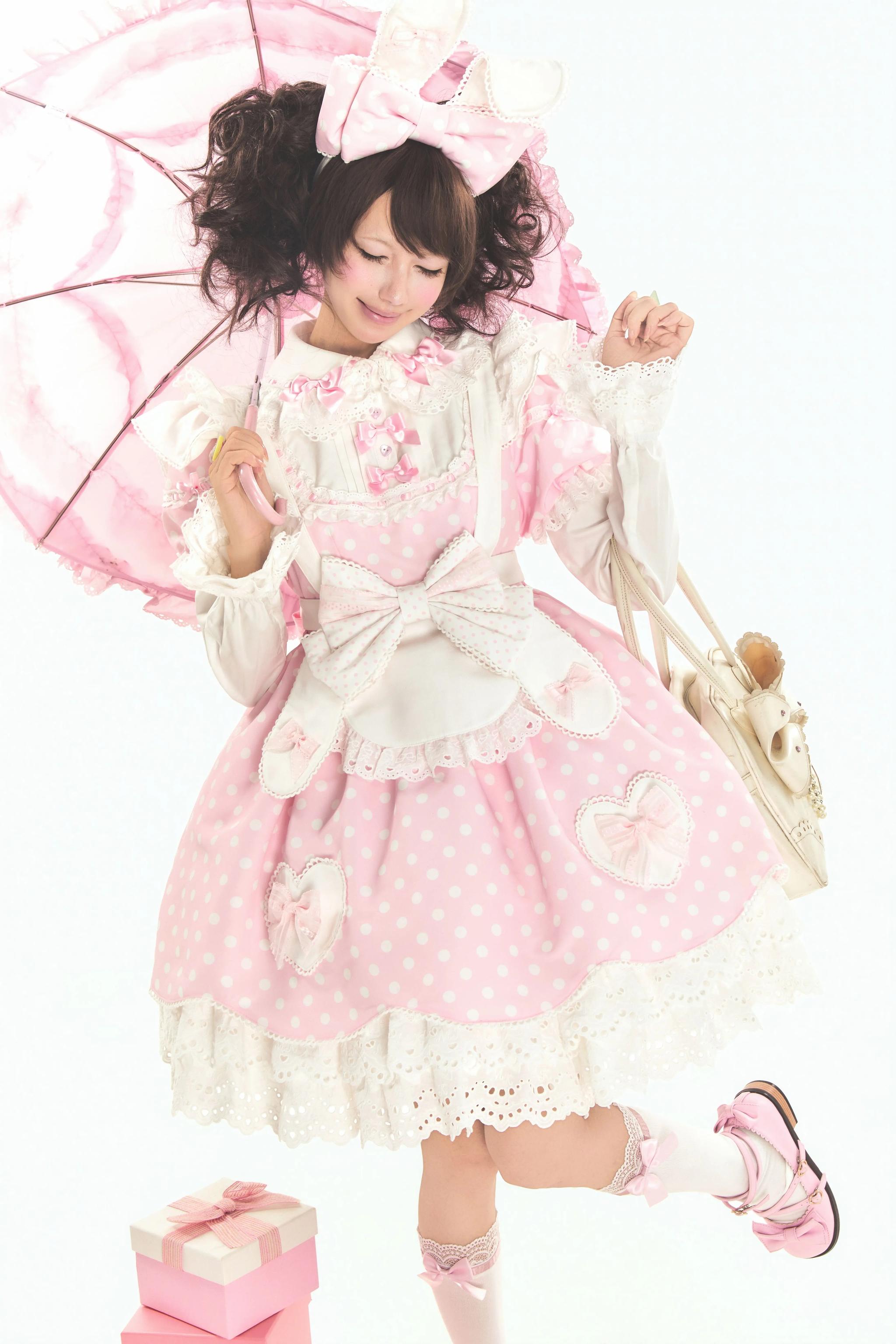 Bunny Kissaten - Four Colors Old School Lolita Polka Dot OP, Bunny Ear Apron 45824:864362