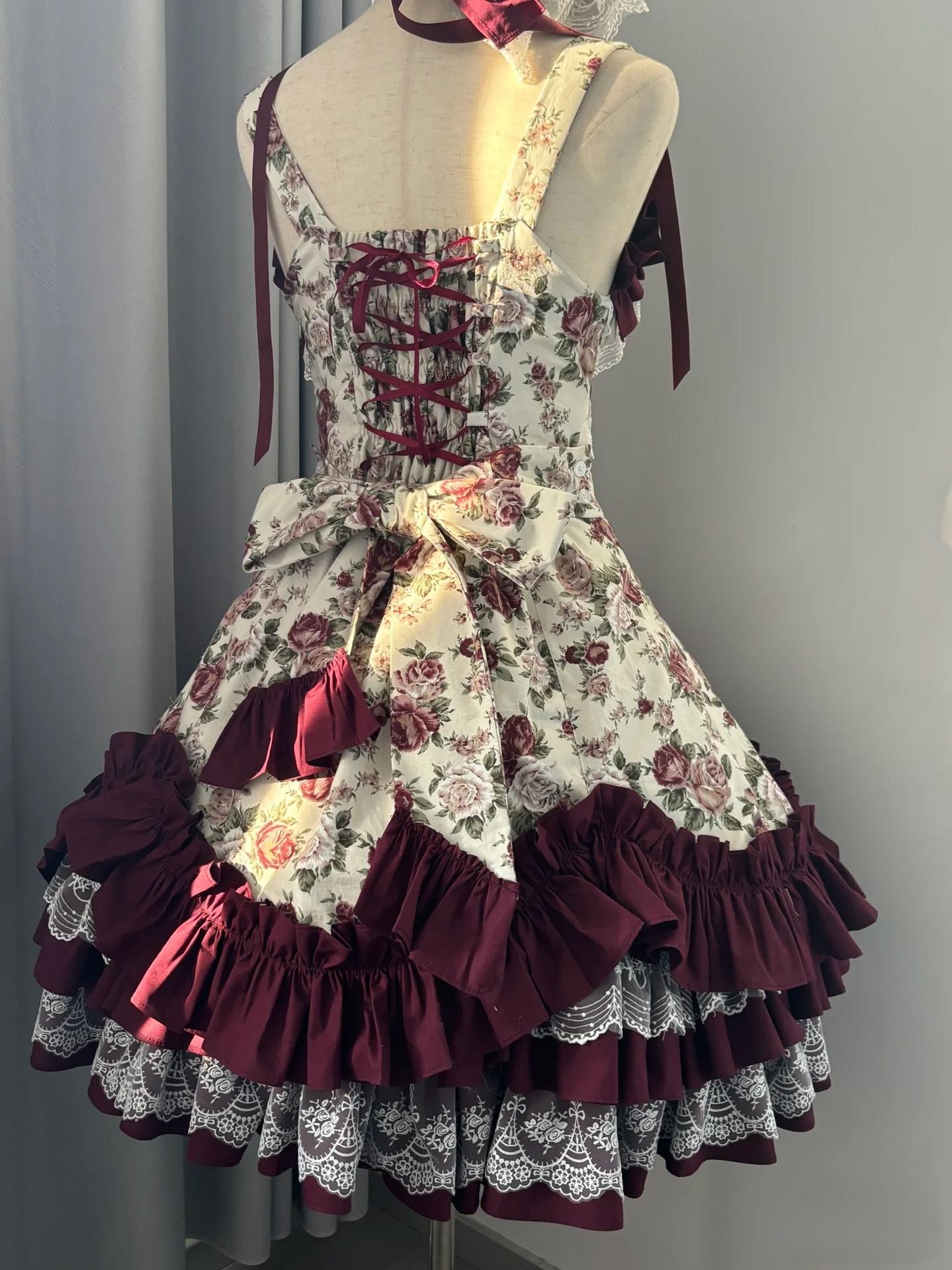 TaTaTa Lolita - Burgundy Rose - Floral Printed Old School Lolita JSK, Elegant Cape