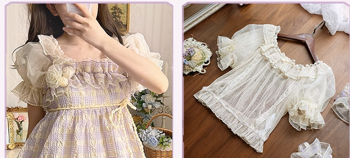 Spireme Cat~Kawaii Lolita Purple Plaid JSK and Innner Wear S short sleeve shirt 