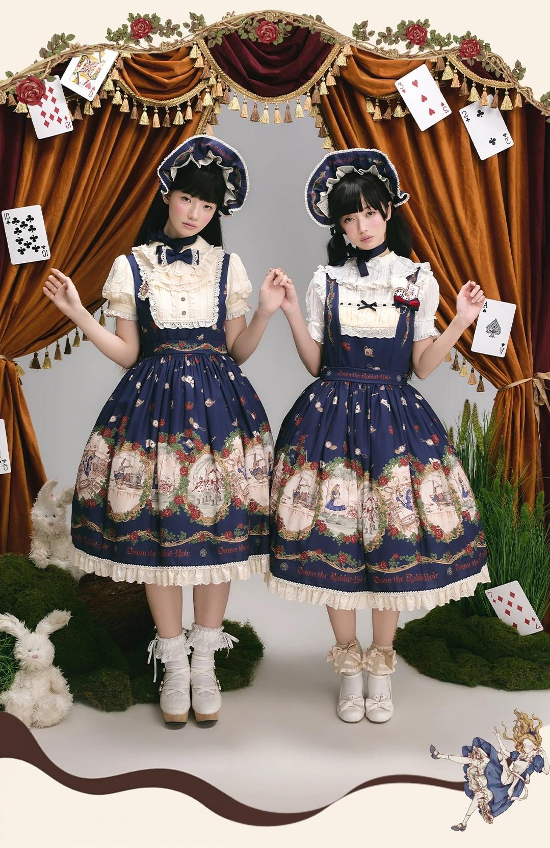 Down the Rabbit Hole - Daily Wear Classic Lolita OP & JSK Dress, Alice in Wonderland Print 46008:872009