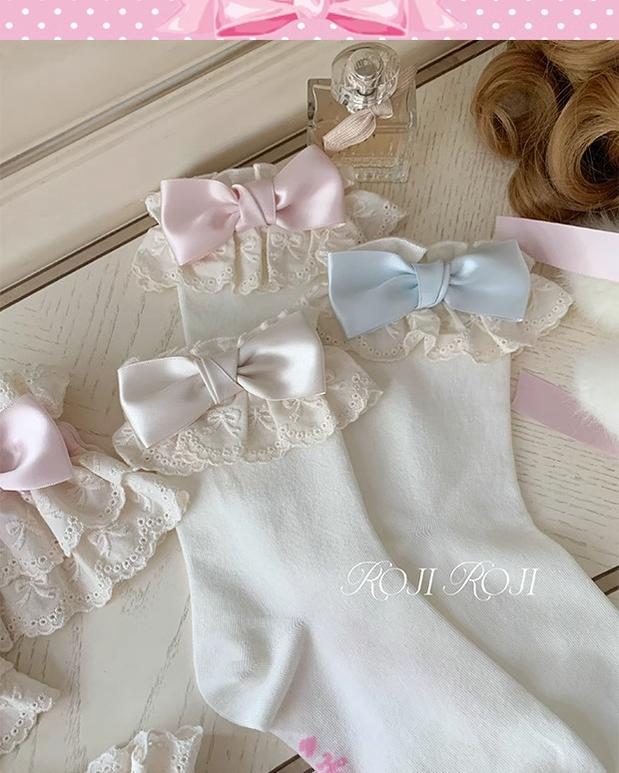 Roji Roji~Cotton Lolita Socks Lace Bow White Socks 38812:601334